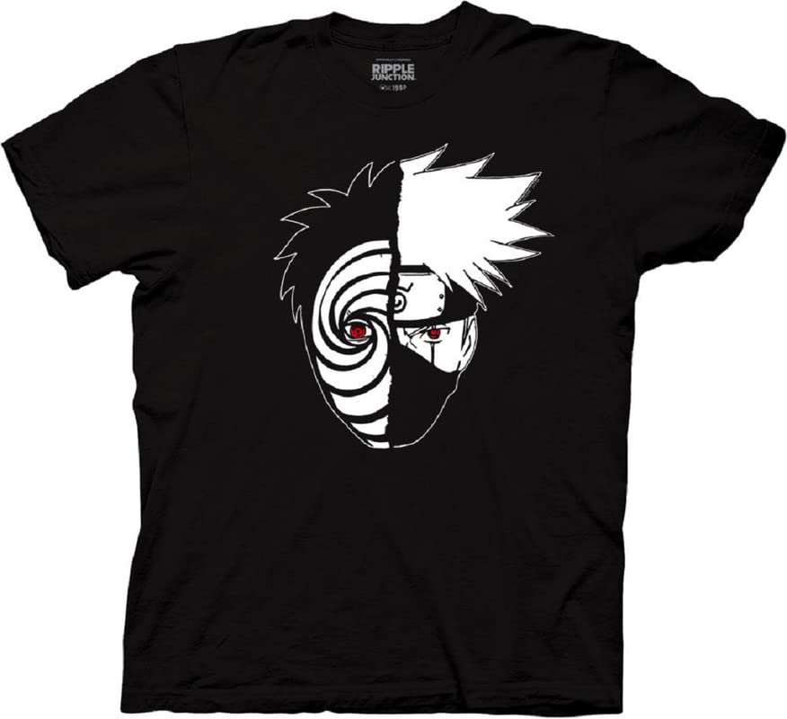 MAOKEI - Ripple Junction Naruto Shippuden Men's Short Sleeve T-Shirt Kakashi Hatake Obito Uchiha Tobi Split Face Anime Large Black - B0B2ZYMN1M