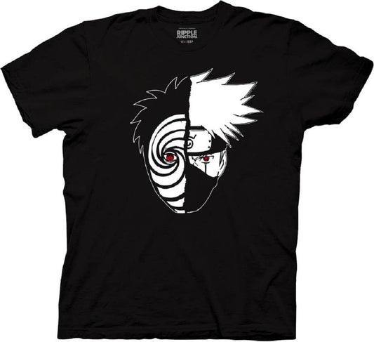 MAOKEI - Ripple Junction Naruto Shippuden Men's Short Sleeve T-Shirt Kakashi Hatake Obito Uchiha Tobi Split Face Anime Large Black - B0B2ZYMN1M